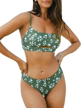 Swimsuit Bikini Set Cutout Mid Rise Olive Green White Daisy Floral Bathing Suit
